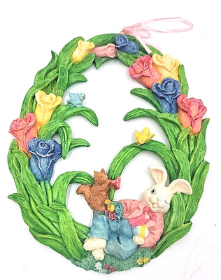 VTG Easter Wreath Bunny Resin 10'' Lazy Easter Bunny w Squirl Egg Roses Birds