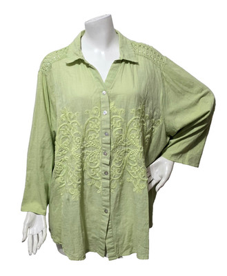 Parsley & Sage 3X Shirt Button Up Green Embroidery Roll Tab Sleeve Boho Festival