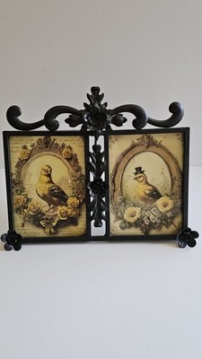  Vtg Easter Holiday Dapper Chicken Couple with Hat In Unique Metal Frame 12.5x10