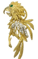 Diamond & Emerald Parrot Brooch in 18 Karat Yellow & White Gold