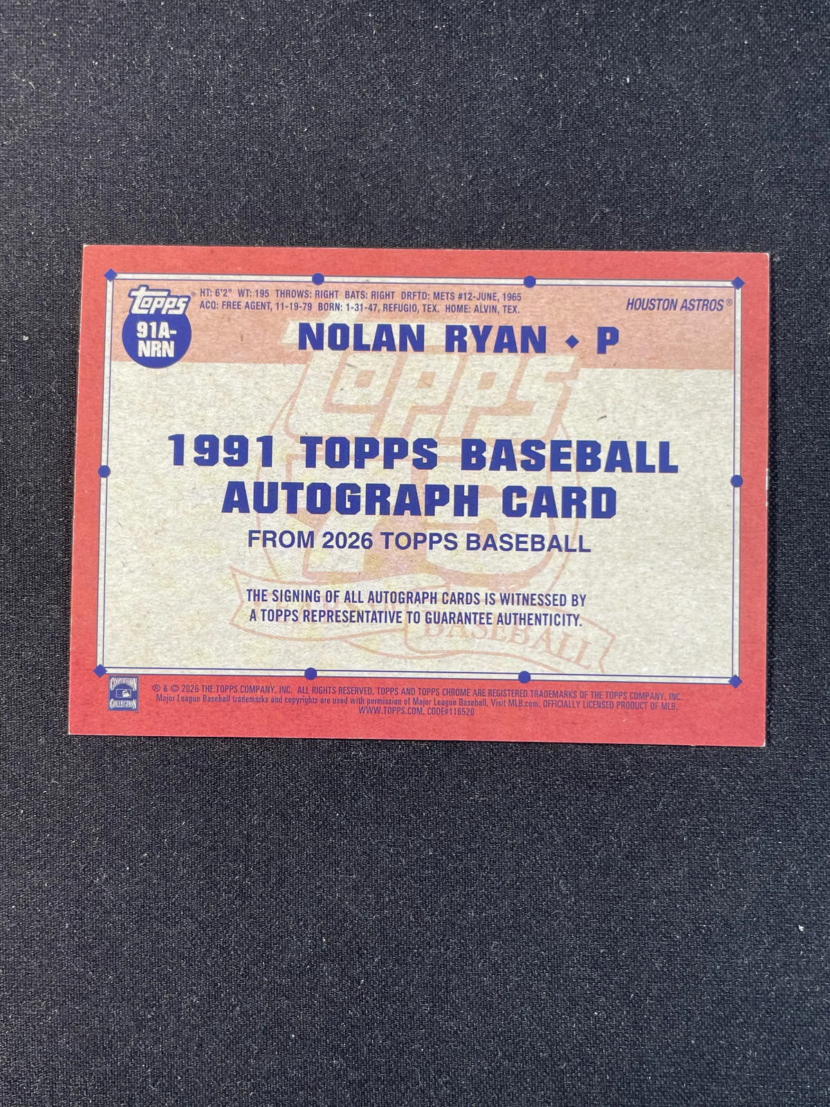2026 Topps Serise 1 Nolan Ryan 1991 Auto Platinum 1/1 #91A-NRN Astros CC71 view 2