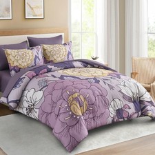 DJY 7 Piece Floral Comforter Set Queen Size Purple Bed in a Bag, Boho Botanic...