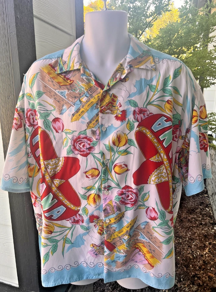 Camisa havaiana vintage da década de 1980 com tema de Tijuana feita na Itália grande repetição - Imagem 2 de 4