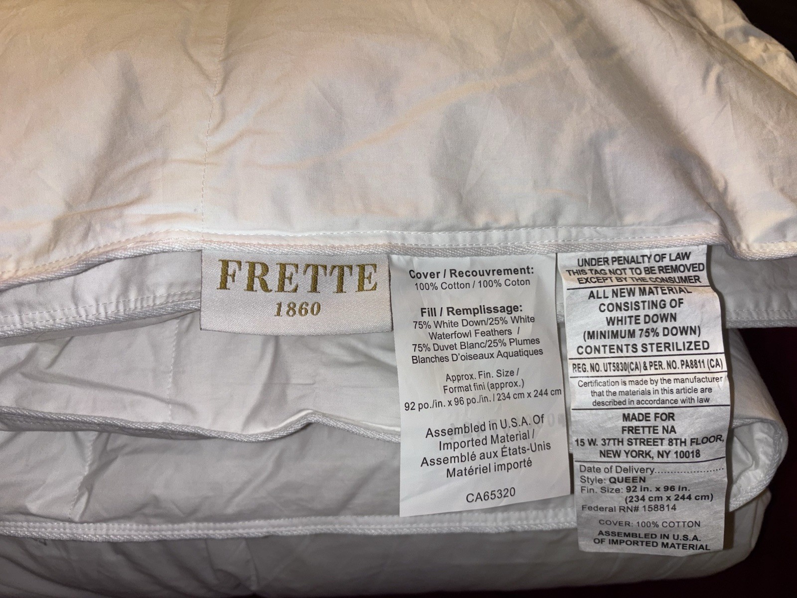 $1000 Retail! Frette Luxury Livia Down Duvet Filler Duck down 600 Fill Queen New
