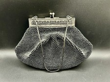 Vintage Black Beaded Kiss Clasp Rope Clutch Bag Purse Excellent Condition