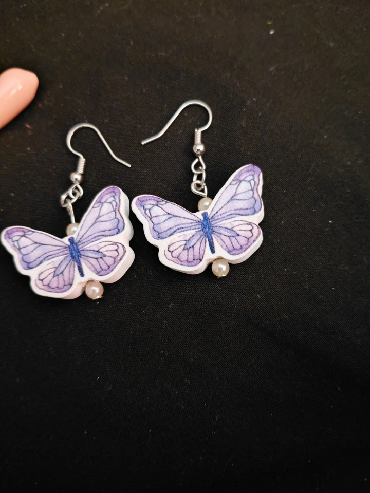 Purple & White Butterfly Dangle/Drop Hook Earrings, Metal, Lobe - Image 1 of 1