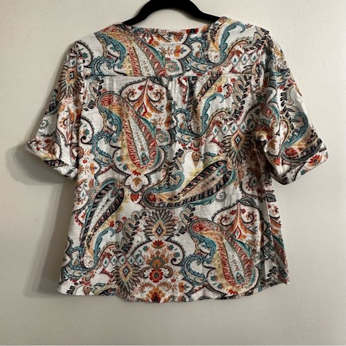 Chico’s Size 1 Paisley Print geometric Short Sleeve Top Women’s 1 (US Medium) - Picture 7 of 11