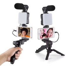 Vlogging Kit for iPhone Android with Tripod, LED Video Light Microphone.