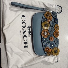 Coach Signature Blue Floral Studded Clutch Wristlet with Dust Bag