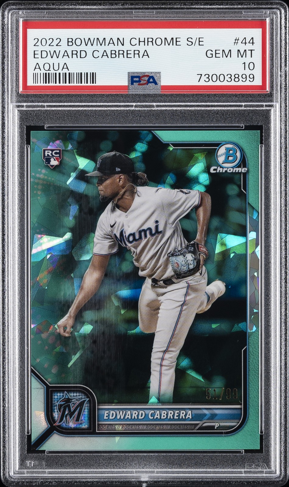 2022 BOWMAN CHROME SAPPHIRE ED AQUA #44 EDWARD CABRERA ROOKIE RC 51/99 PSA 10