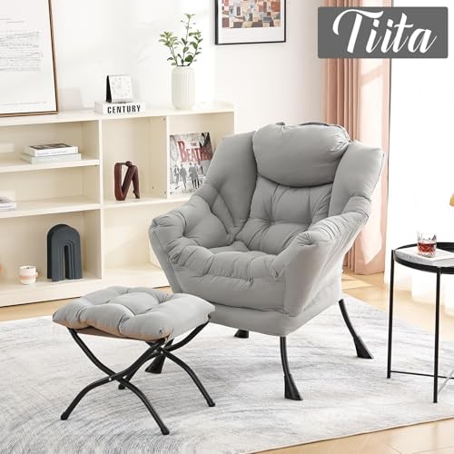 Lazy Chair with Ottoman, Modern Large Accent Lounge Peach Skin Light Grey - Picture 2 of 6