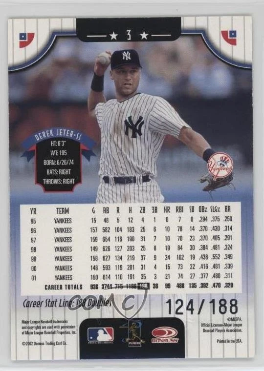 2002 Donruss Stat Line Career /188 Derek Jeter #3 HOF - Image 2 of 2