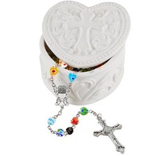 First Communion Rosary Box Gift Set with Colorful Murano Glass Beads Rosary a...