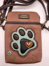 Chala Teal Dog Print on Brown Faux Leather Small Crossbody Purse w/Two Straps