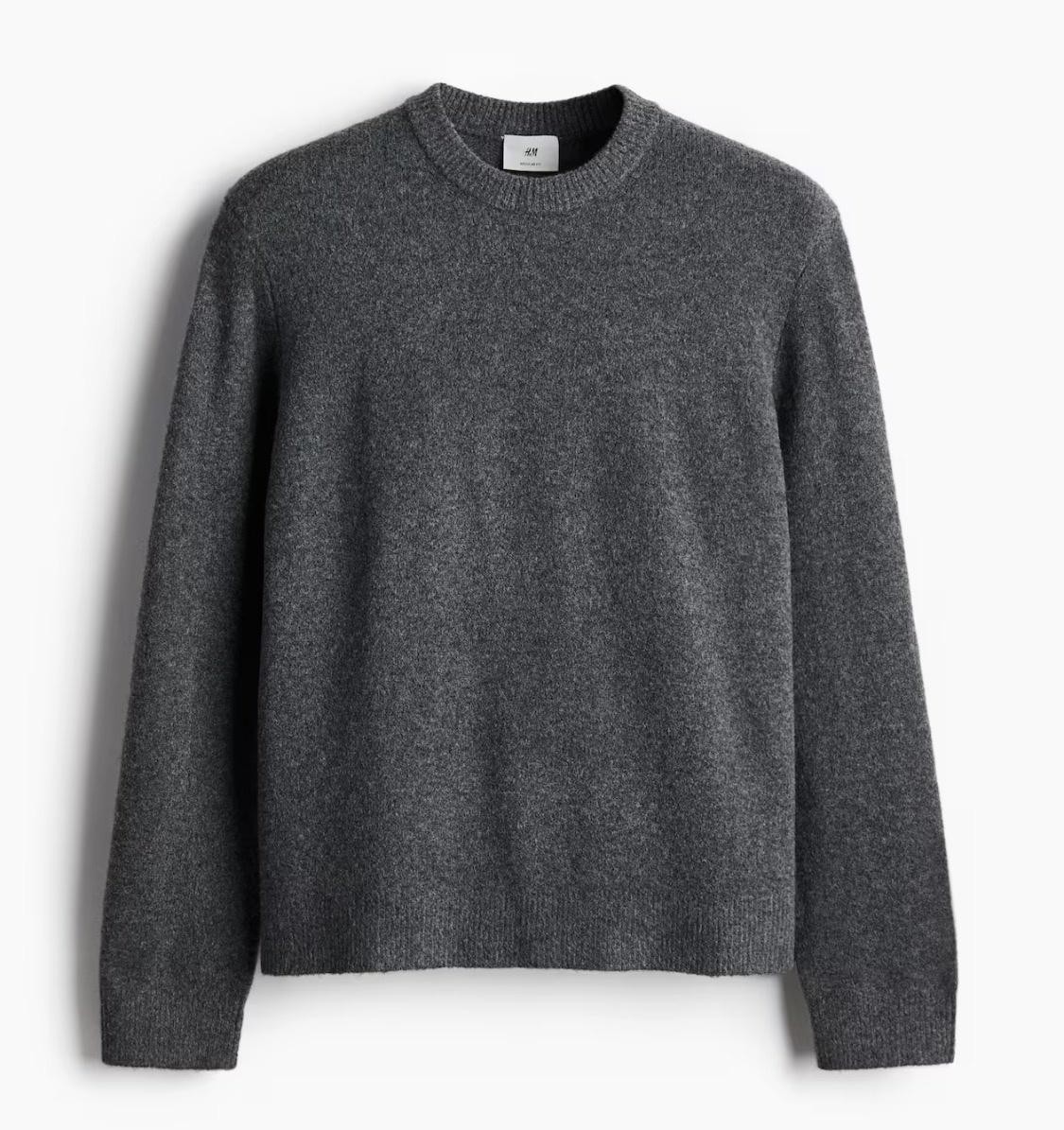 H&M Sweater Mens Large Gray Wool Blend Crewneck Tight Knit Pullover Regular Fit