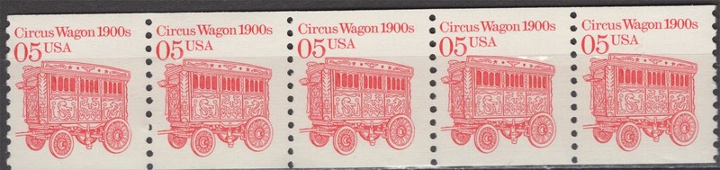 SC# 2452 - 1990 5¢ Transportation Series: Circus Wagon 1900s Coil Strip of 5