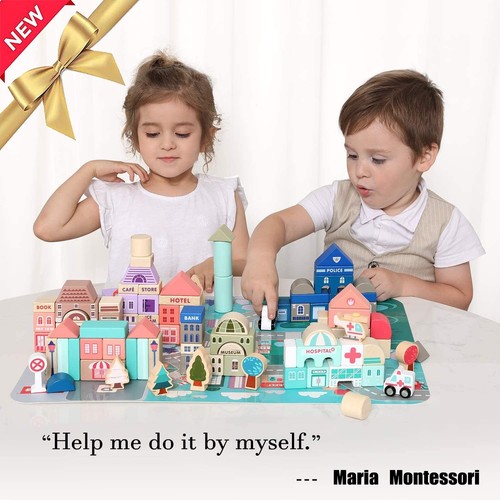 Wooden Building Blocks Set, City Construction Stacker Stacking Preschool Lear... - Picture 4 of 9