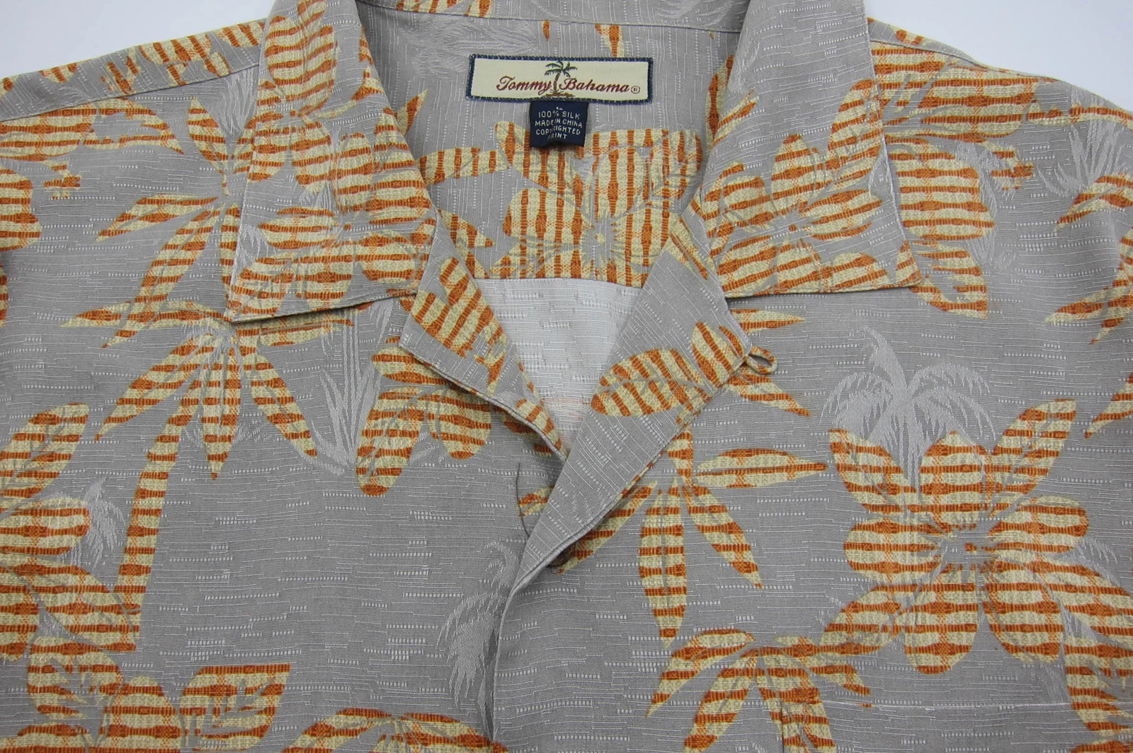 Tommy Bahama Men's Gray Orange Yellow Palms Silk Hawaiian Aloha Shirt Size L
