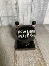 Vintage Bowler's AshTray Ceramic Bowling Ball and Pins Black Gold Trim 4" High