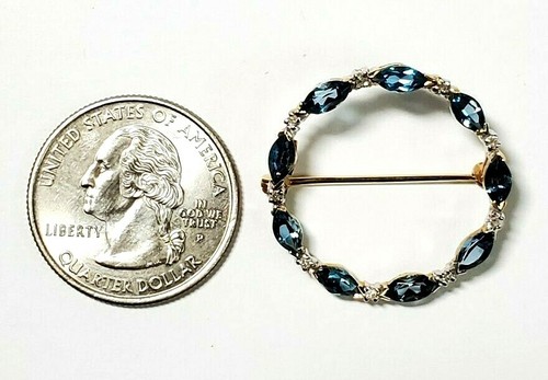 London Blue Topaz and Diamond 14k Yellow Gold Open Circle Pin Brooch - Picture 4 of 4