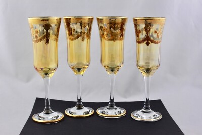SET OF 4 VINTAGE AMBER J PREZIOSI HANDMADE CHAMPAGNE FLUTES WITH GOLD OVERLAY