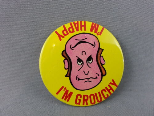 Vintage Comedy Pin - I'm Happy I'm Grouchy Double Face - Celluloid Pin - Zdjęcie 1 z 3
