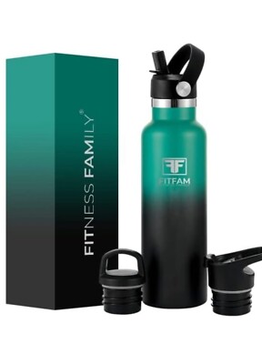 FITFAM 600ml Isolierte Edelstahl Trinkflasche mit Strohhalm & 3 Deckeln - Jade