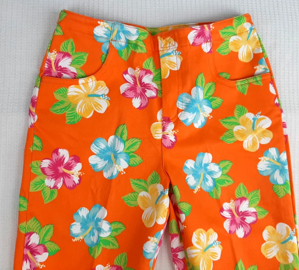 Y2K christie brooks Kids Girls Sz 10 Capri Pants Tropical Hawaiian Floral Orange - Image 3 of 4
