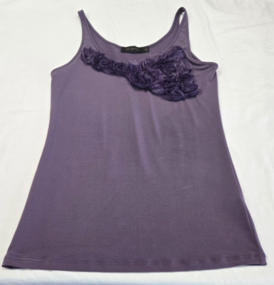 The Limited Rose Floral Applique Purple Romantic Ruffles Sleeveless Top, Small