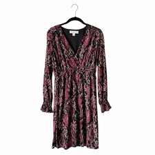 Michael Kors Paisley Dress Women's Size XS Red Ruffle Fit Flare V-Neck Long Slv