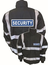 REFLECTIVE SECURITY BLACK BOMBER JACKET HI VIS VIZ WORKWEAR, DOORMAN STAFF