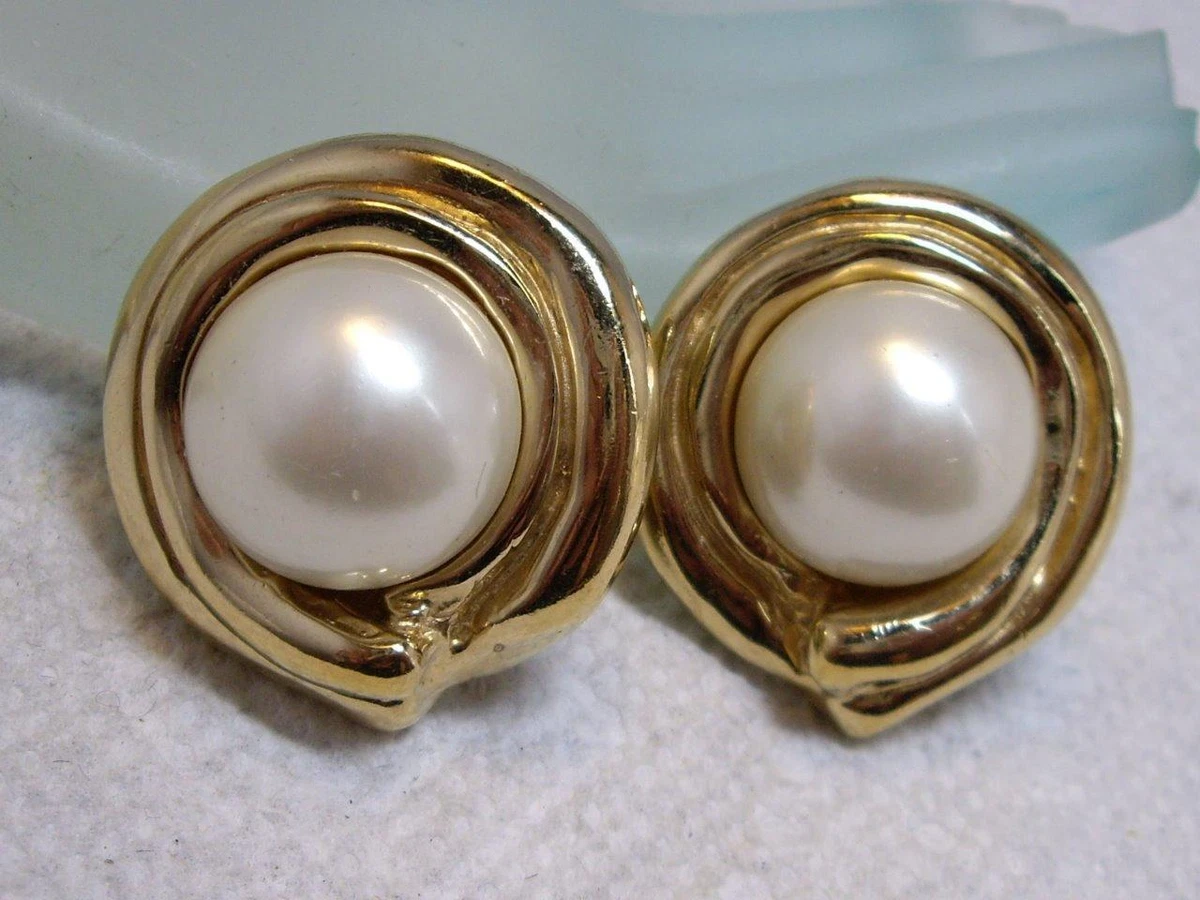 Large Vintage Signed CINER Faux Pearl Gold Tone Clip Earrings eBay