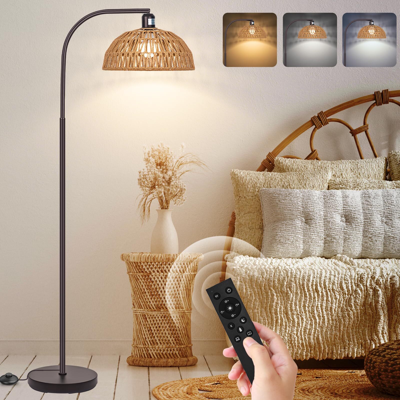 Boho Floor Lamp with Remote- Bronze Floor Lamps with Stepless Dimmable Bulb, ...