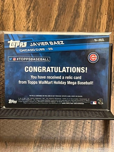 JAVIER BAEZ 2017 TOPPS WALMART HOLIDAY MEG RELIC CHICAGO CUBS WORN JERSEY PATCH! - Picture 2 of 2