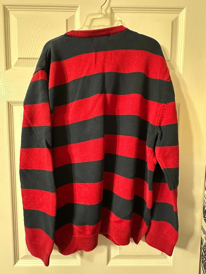 Chaps Mens Large L/G Long Sleeve Cotton Sweater Red/Black Stripes Classic Fit - Image 3 of 3