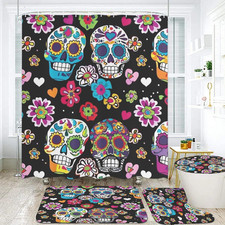 Sugar Skull Bathroom Shower Curtain Set, 4-Piece with Waterproof Shower Curtain