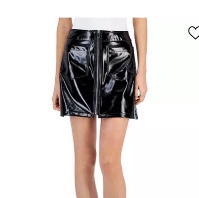 NWT Tinseltown Black Patent Faux Leather A-Line Zip Front Mini Skirt Medium