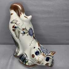 Tonala Pottery Mexican Folk Art Mischievous Stretching Butt Up Cat Floral Signed