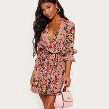 PRETTY LITTLE THING Dark Nude Floral Frill Pleated Skater Dress NWT 8AU / 4US