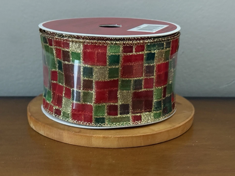 VTG Celebrate It Wired Christmas Ribbon Glitter Gold Red Green Geometric Squares - Image 2 of 4