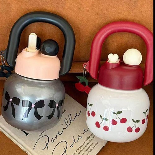 Cute Cherry Bowknot Water Bottle With Straw For Girls & Kids Drink Bottle US - Picture 3 of 14