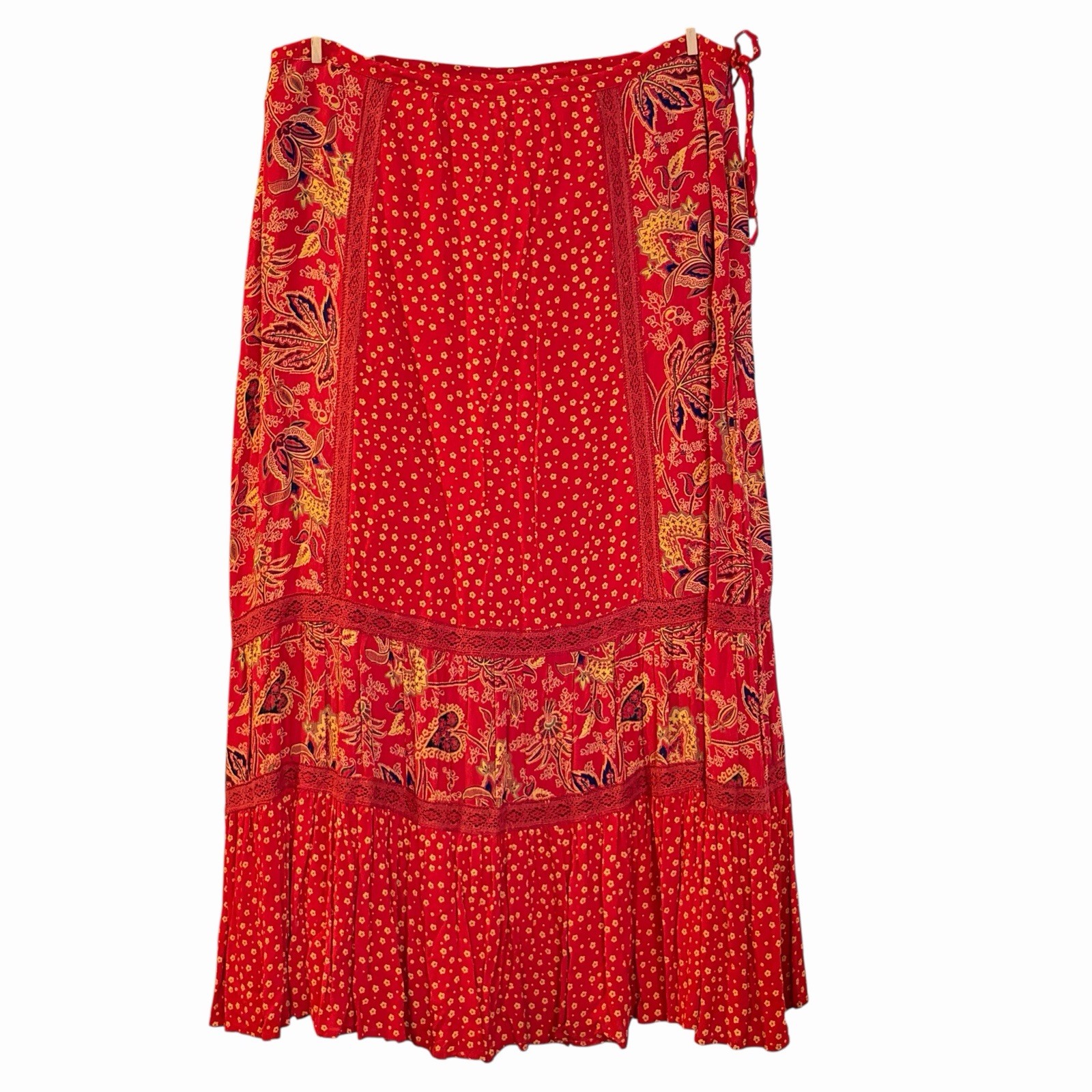 Vintage Bill Blass Floral Paisley Maxi Skirt L Red Boho Cottage 90s Festival