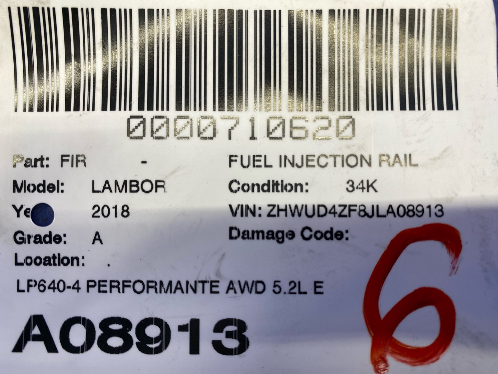 LAMBORGHINI HURACAN LP640-4 PERFORMANTE AWD 5.2 ENGINE MOTOR INJECTOR 07L906036J