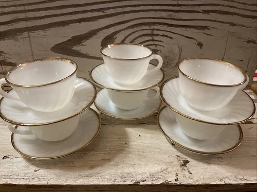 Vintage Oven Proof Fire King, Anchor Hocking Cups & Saucers, Gold Rim 6 Sets