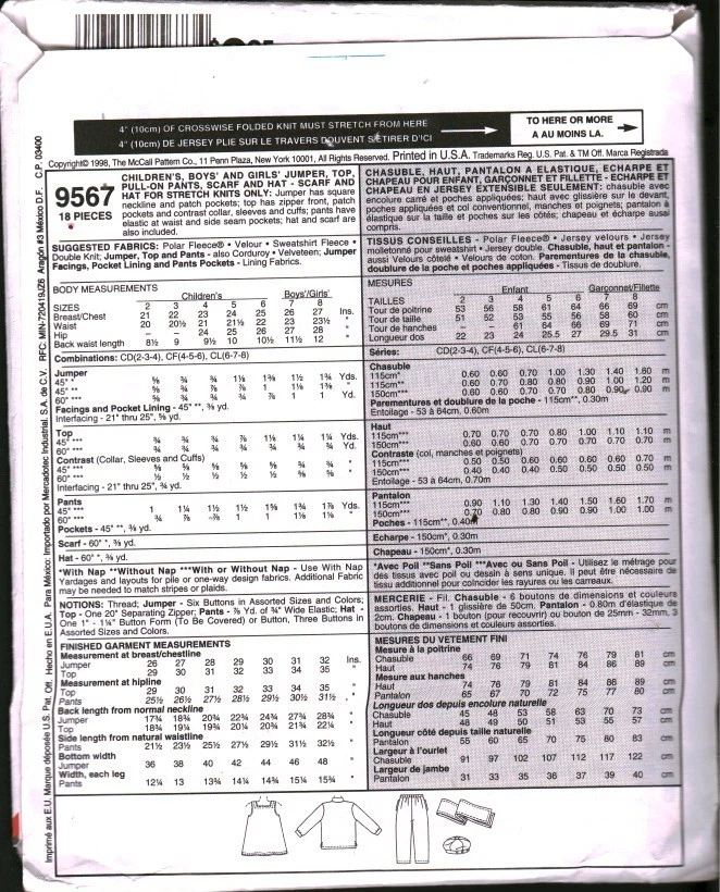 9567 Vintage McCalls SEWING Pattern Girls 1990s Jumper Top Pants Scarf Hat Easy - Image 2 of 2