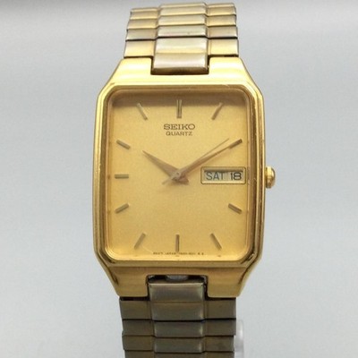 Vintage Seiko Mens Watch 28mm Gold Tone Day Date 7N03-5028 Stretch