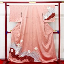 Elegant Pink Silk Houmongi Kimono Mountain  Floral Pattern Semi-Formal Attire