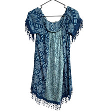 Boho Fringe Shift Dress M Blue Geometric Crochet Festival Resort Summer Beach