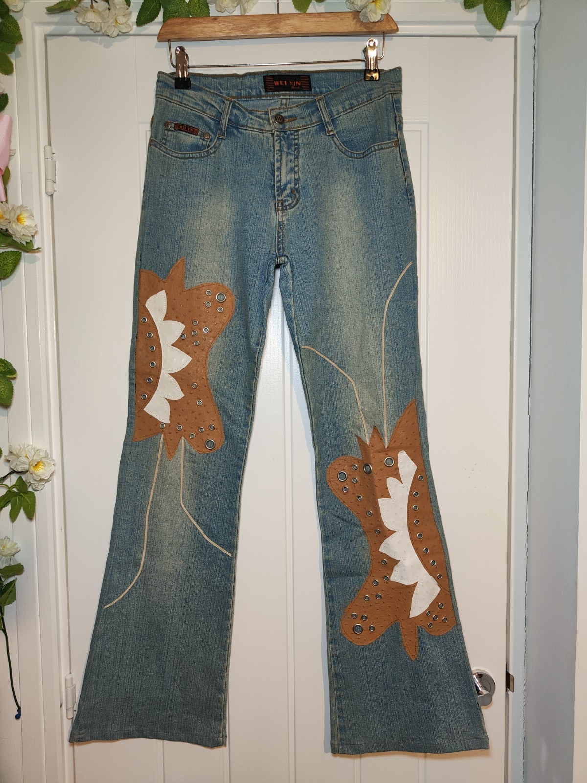 Y2K Butterfly Bootcut Jeans UK 8 10 Low Rise 2000s Country Western Cowgirl Blue