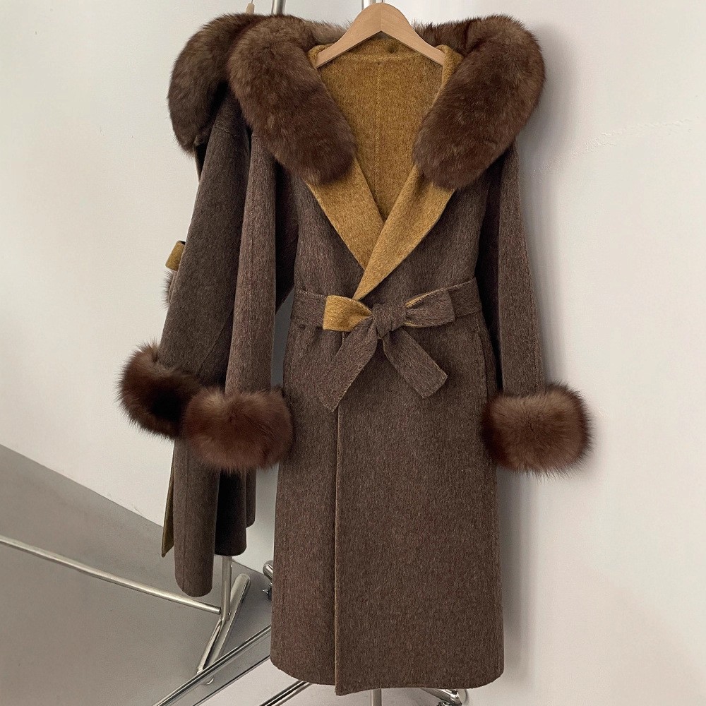 Winter Oversized Fox Fur Collar Hooded Wool Coat Women's Fur